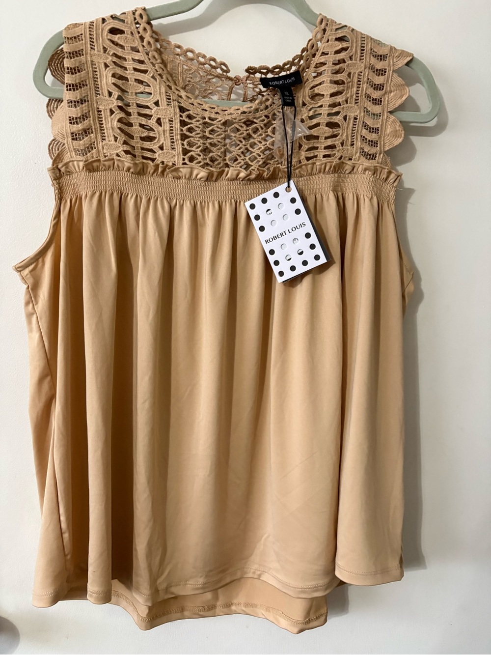 Robert Louis Beige Crochet Yoke Sleeveless Blouse in Ginger Root NWT